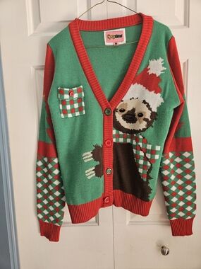 Tipsy Elves Green Sloth Ugly Christmas Sweater with Red Ribbed Trim, Size M.